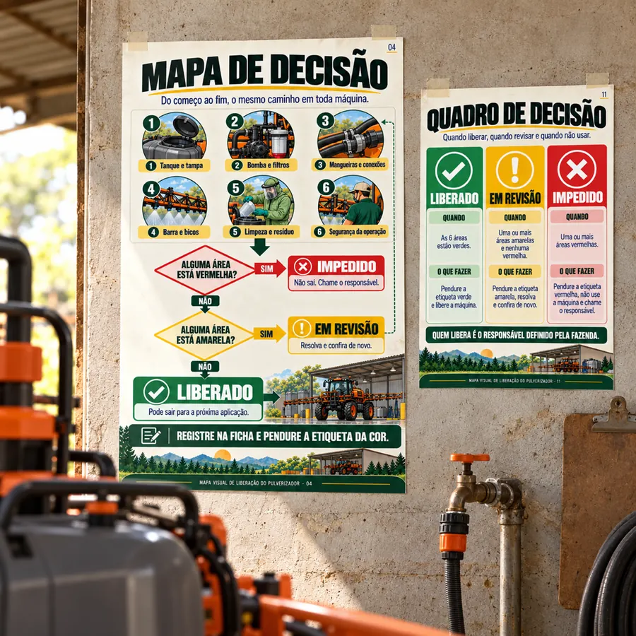 Mapa de liberação em A3 fixado na parede do galpão, com o pulverizador ao fundo